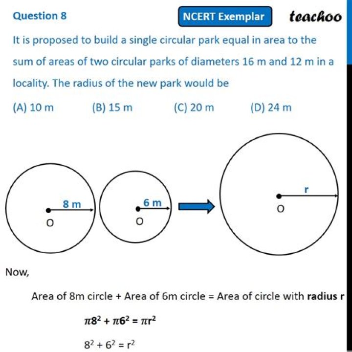 It is proposed to build a new circular park equal in area to the sum of areas of two circular parks of diameters 16 m and 12 m in a locality. The radius of the new park is 