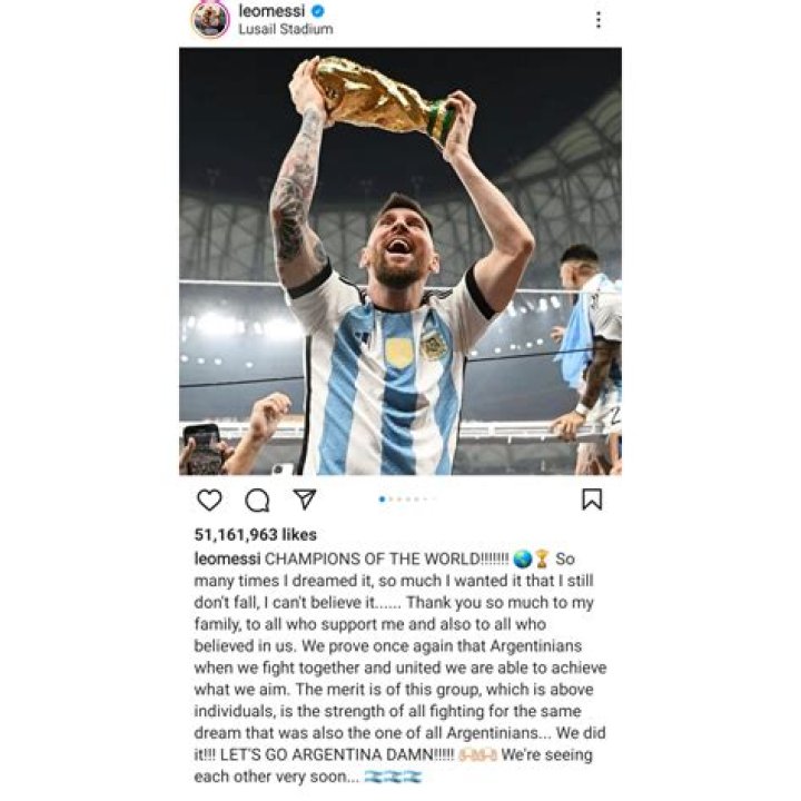 Lionel Messi’s World Cup post most liked Instagram picture ever